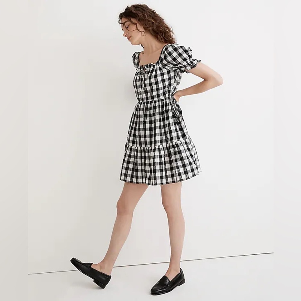 Madewell Black & White Gingham Puff-Sleeve Mini Dress